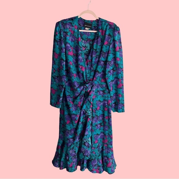 David Mitchell Vintage Cinched Waist Floral Dress w/ Shoulder Pads - Picture 1 of 7